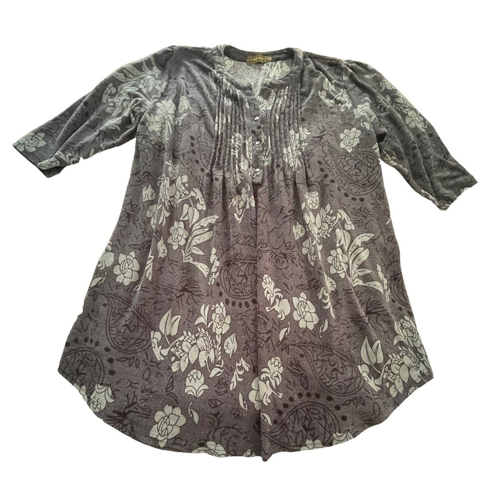 ICE Silk Brand Flowy Long Top Womens 1X Gray Floral Button Up Super Soft
